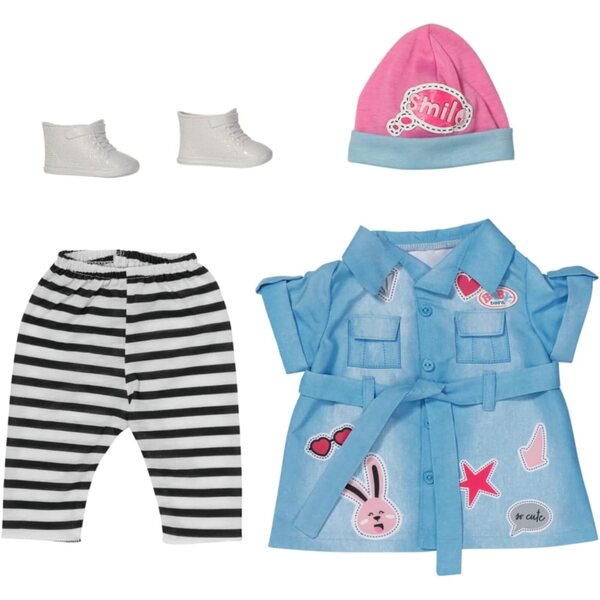 BABY Born Deluxe Jeans Dress 43 cm con leggings, cappello e scarpe - Set di vestiti per bambole