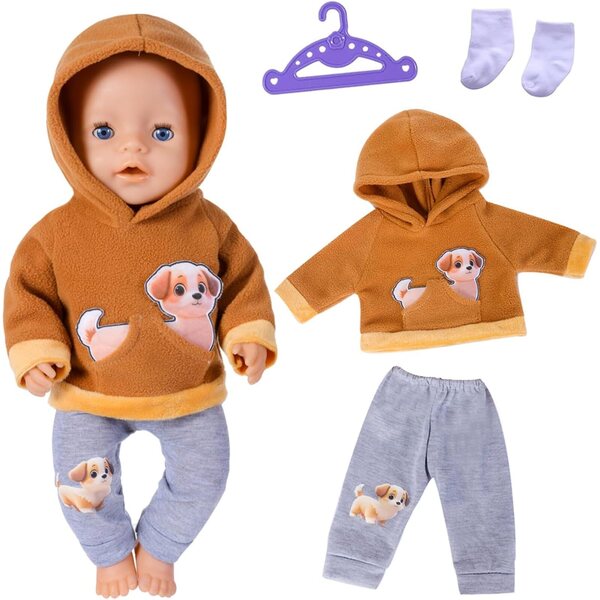 Bekleidungsset für Puppen 40-45 cm mit Welpen-Kapuzenpullover und grauer Hose