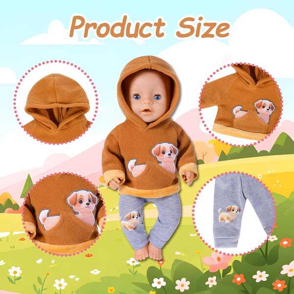 Bekleidungsset für Puppen 40-45 cm mit Welpen-Kapuzenpullover und grauer Hose