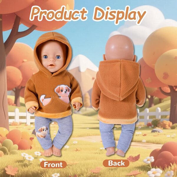Bekleidungsset für Puppen 40-45 cm mit Welpen-Kapuzenpullover und grauer Hose