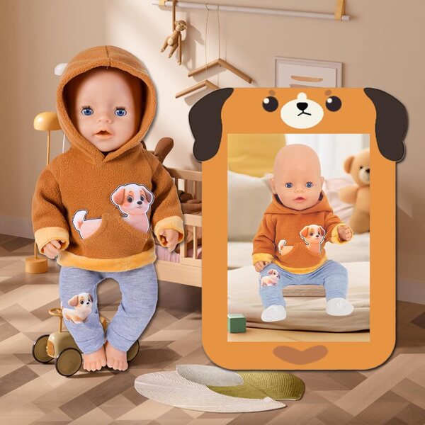 Bekleidungsset für Puppen 40-45 cm mit Welpen-Kapuzenpullover und grauer Hose
