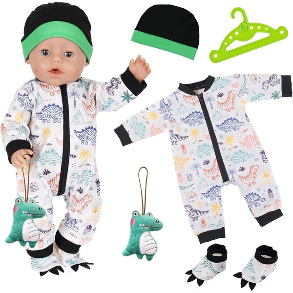 Set mit 5 Teilen Dinosaurier-Puppa-Kleidung für Puppen 35–45 cm aus grünem Nylon