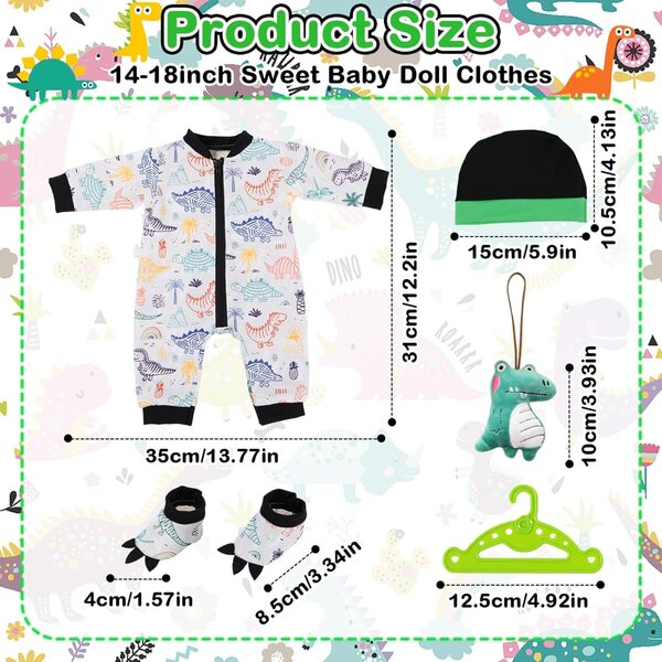 Set mit 5 Teilen Dinosaurier-Puppa-Kleidung für Puppen 35–45 cm aus grünem Nylon