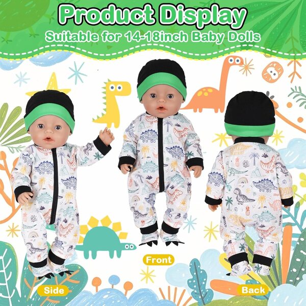 Set mit 5 Teilen Dinosaurier-Puppa-Kleidung für Puppen 35–45 cm aus grünem Nylon