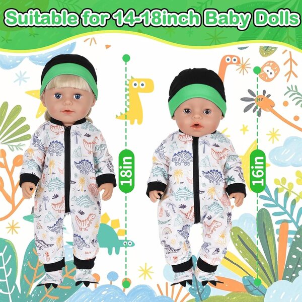 Set mit 5 Teilen Dinosaurier-Puppa-Kleidung für Puppen 35–45 cm aus grünem Nylon