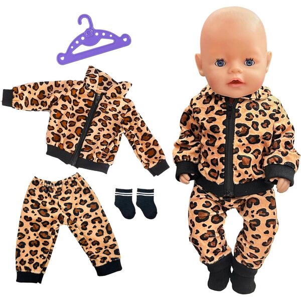 Puppa-Bekleidungsset 35-45 cm mit Leopardenmuster: Oberteil, Hose, Socken und Kleiderbügel
