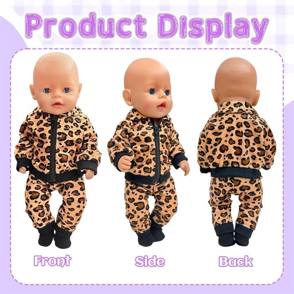 Puppa-Bekleidungsset 35-45 cm mit Leopardenmuster: Oberteil, Hose, Socken und Kleiderbügel