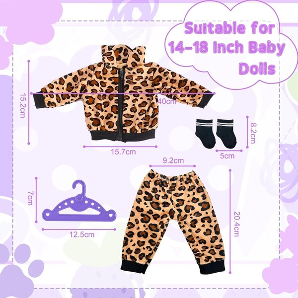 Puppa-Bekleidungsset 35-45 cm mit Leopardenmuster: Oberteil, Hose, Socken und Kleiderbügel