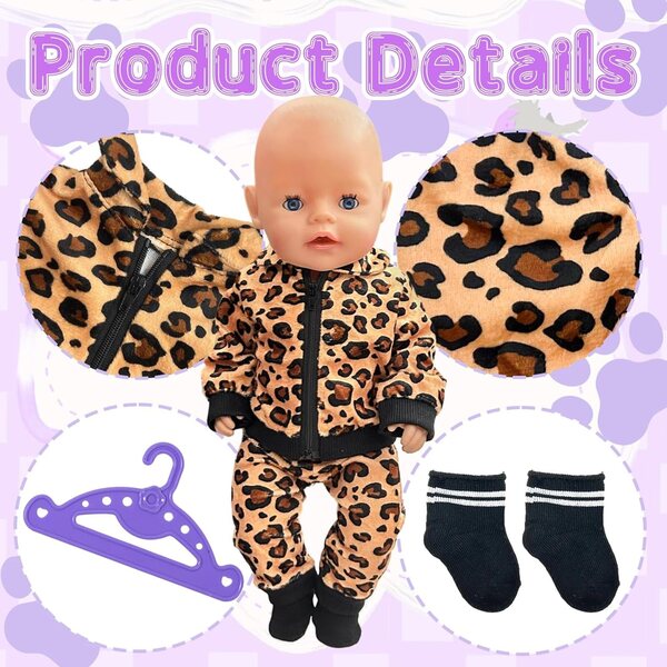 Puppa-Bekleidungsset 35-45 cm mit Leopardenmuster: Oberteil, Hose, Socken und Kleiderbügel