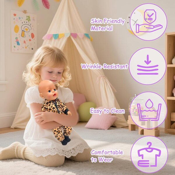 Puppa-Bekleidungsset 35-45 cm mit Leopardenmuster: Oberteil, Hose, Socken und Kleiderbügel