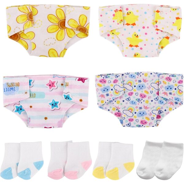 Xerteam Set mit 8 Zubehörteilen für Puppen: 4 Windeln + 4 Paar Socken für Puppen 35–45 cm