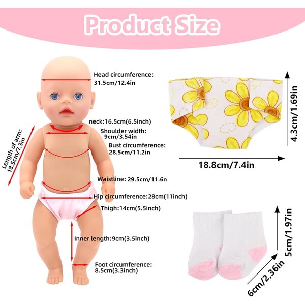 Xerteam Set mit 8 Zubehörteilen für Puppen: 4 Windeln + 4 Paar Socken für Puppen 35–45 cm