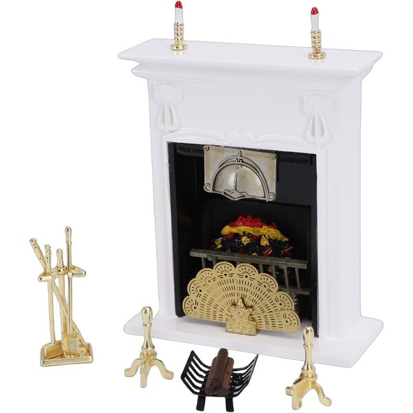 Caminetto in Miniatura 1:12 per Casa delle Bambole con Accessori Decorativi in Legno e Metallo