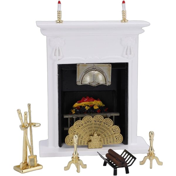 Caminetto in Miniatura 1:12 per Casa delle Bambole con Accessori Decorativi in Legno e Metallo