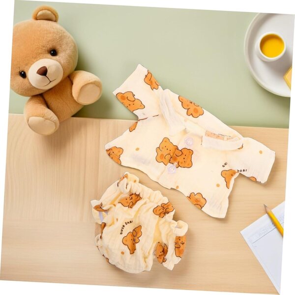 Teddybär-Pyjama für Puppen und Stofftiere aus gelbem, weichem Stoff mit Zubehör