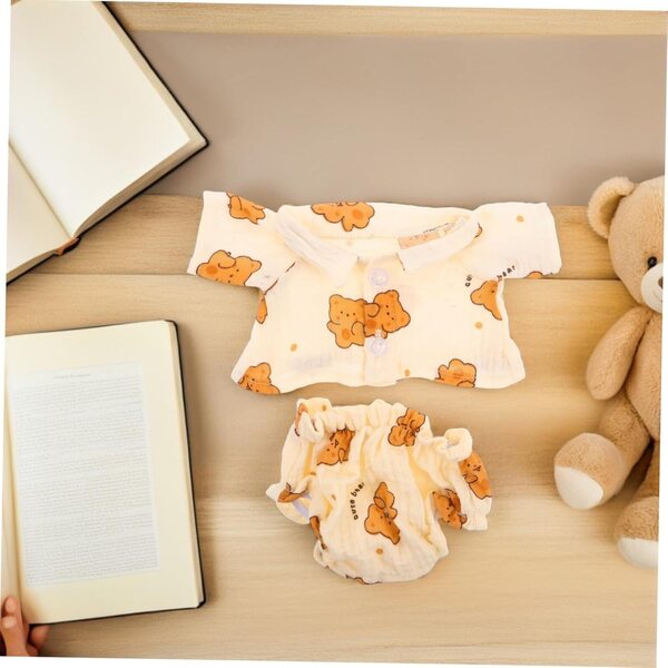 Teddybär-Pyjama für Puppen und Stofftiere aus gelbem, weichem Stoff mit Zubehör