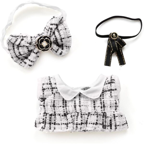Set Abbigliamento Puppa 17cm - Vestito Tweed Bianco, Cravatta Nera e Fiocco a Quadri