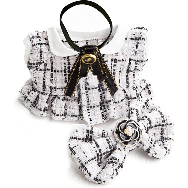 Set Abbigliamento Puppa 17cm - Vestito Tweed Bianco, Cravatta Nera e Fiocco a Quadri