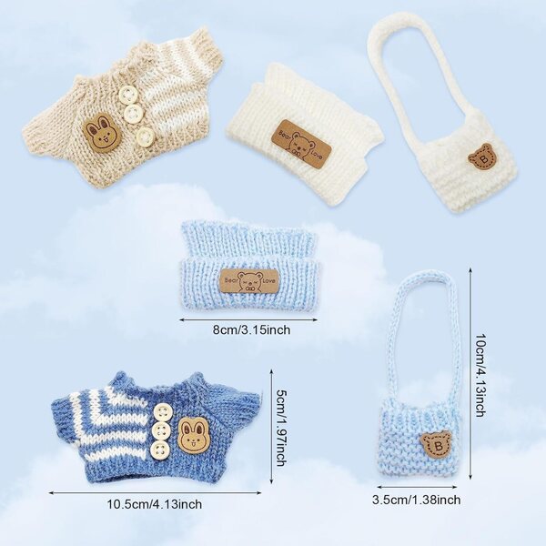 Set 6 Pezzi Abiti per Bambole 17cm con Cappelli e Zaini in Blu e Bianco