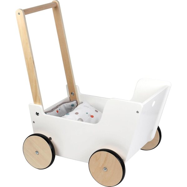 Bambolewagen in legno con ruote gommate e biancheria reversibile per bambini 3+ anni