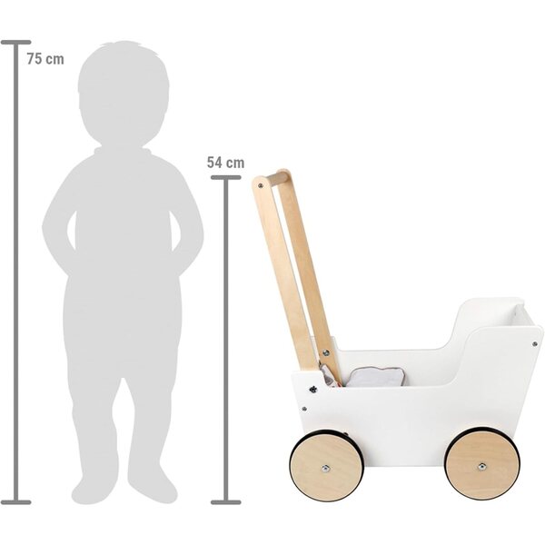 Bambolewagen in legno con ruote gommate e biancheria reversibile per bambini 3+ anni