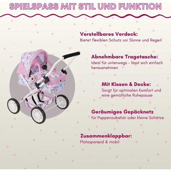 Bayer Chic 2000 Bambolewagen Smarty rosa per bambine da 2 anni, con borsa e ombrellino