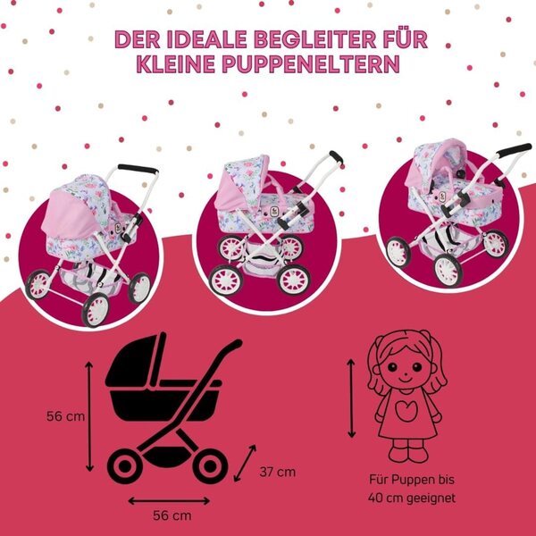 Bayer Chic 2000 Bambolewagen Smarty rosa per bambine da 2 anni, con borsa e ombrellino