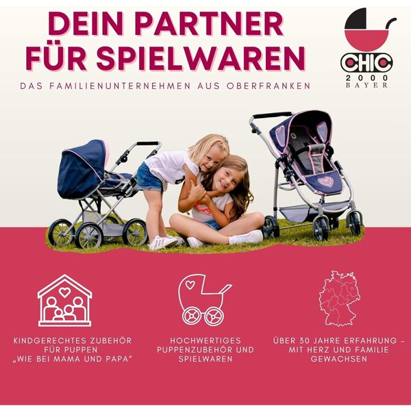 Bayer Chic 2000 Bambolewagen Smarty rosa per bambine da 2 anni, con borsa e ombrellino