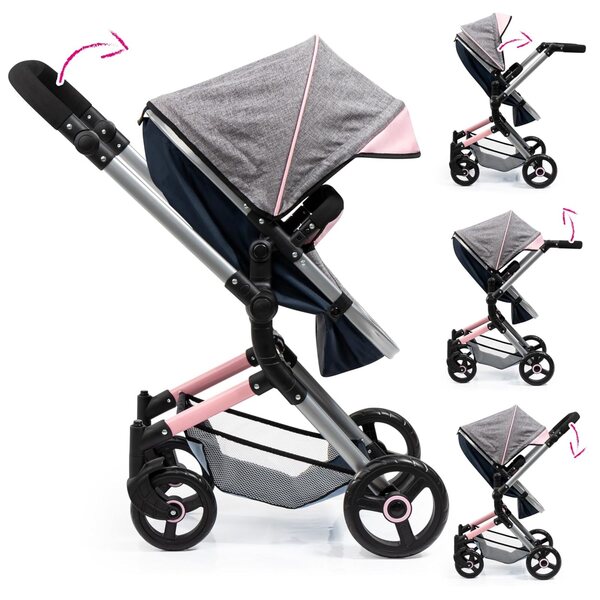 Bayer Design Neo Vario Bambolewagen grigio/blu 52cm con manico regolabile e borsa inclusa