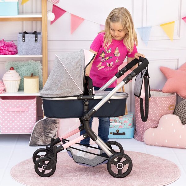 Bayer Design Neo Vario Bambolewagen grigio/blu 52cm con manico regolabile e borsa inclusa