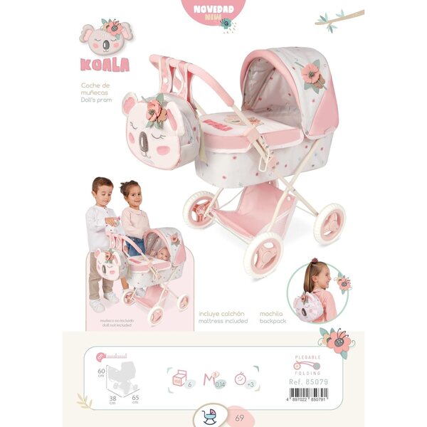 DeCuevas Toys faltbarer Koala-Puppenwagen mit Rucksack und ausziehbarem Dach