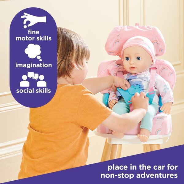 Casdon Baby Huggles Autositz Pink für Puppen mit Gürtel und verstellbarer Kopfstütze