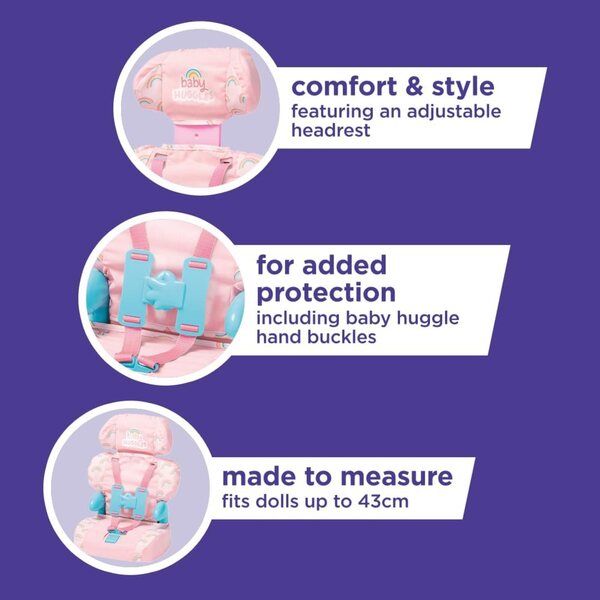 Casdon Baby Huggles Autositz Pink für Puppen mit Gürtel und verstellbarer Kopfstütze