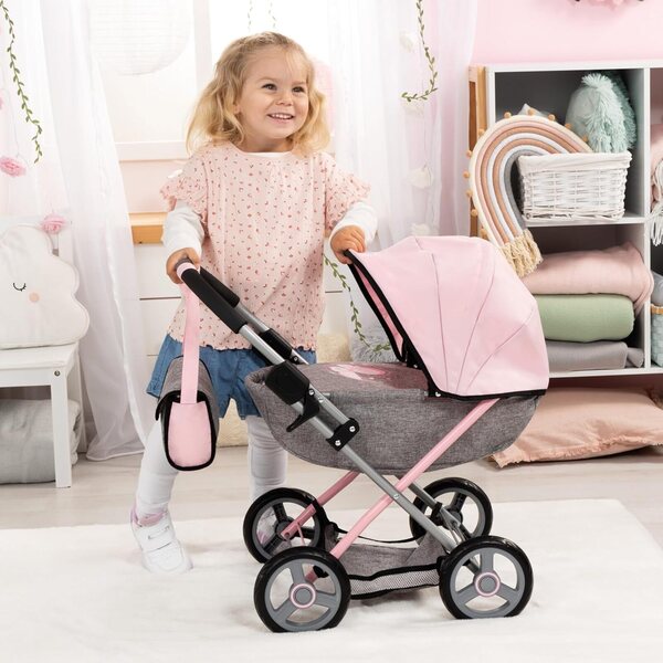 Bambolewagen Cosy Bayer Design jeans-grigio rosa con borsa e copertina 46cm