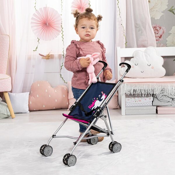 Bambolebuggy Bayer Design con doppie ruote, pieghevole e con cinturino, blu e rosa