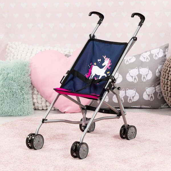 Bambolebuggy Bayer Design con doppie ruote, pieghevole e con cinturino, blu e rosa