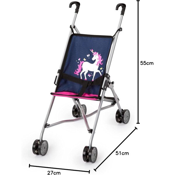 Bambolebuggy Bayer Design con doppie ruote, pieghevole e con cinturino, blu e rosa