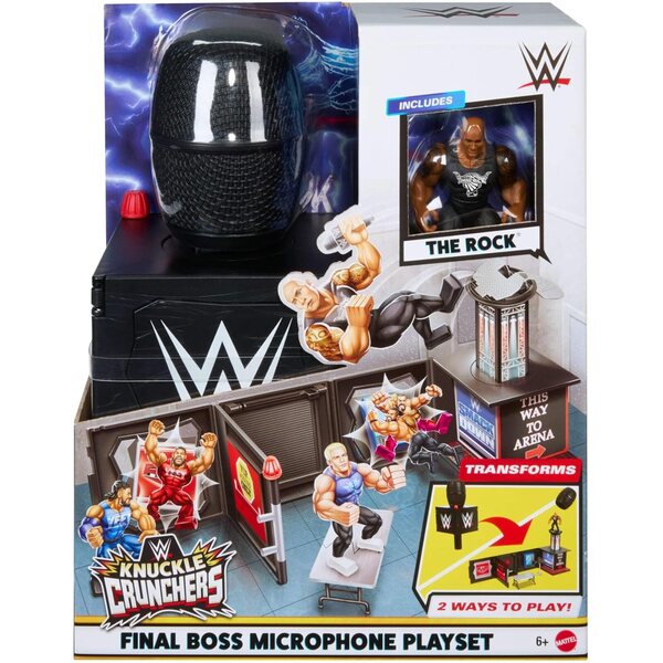 Mattel WWE Knuckle Crunchers The Rock Final Boss Set: 2-in-1-Mikrofon und 8 cm große Actionfigur