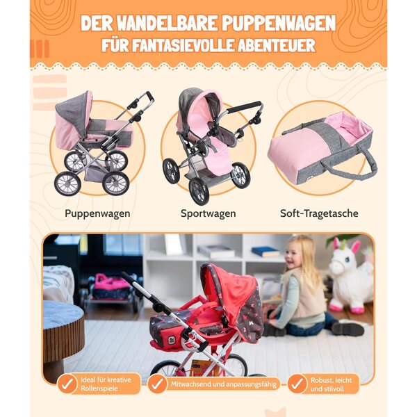 Bayer Chic 2000 Leni: Bambolewagen 3in1 con Tragetasca Rimovibile per Bambole fino a 46 cm