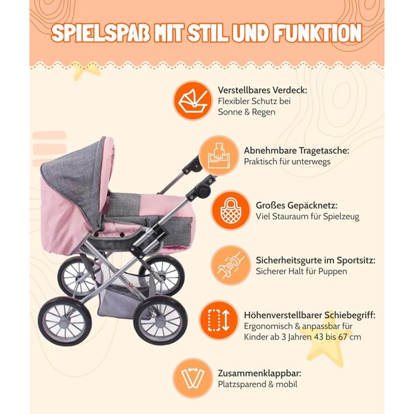 Bayer Chic 2000 Leni: Bambolewagen 3in1 con Tragetasca Rimovibile per Bambole fino a 46 cm