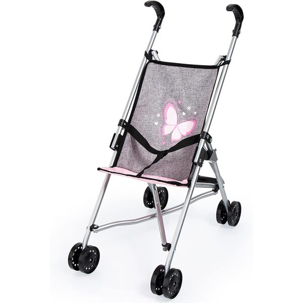 Bambolebuggy Bayer Design rosa-grigio pieghevole con doppie ruote e cintura di sicurezza