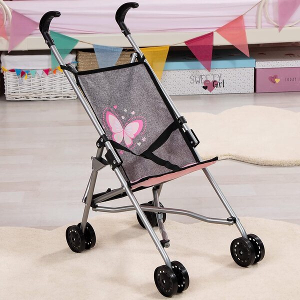 Bambolebuggy Bayer Design rosa-grigio pieghevole con doppie ruote e cintura di sicurezza