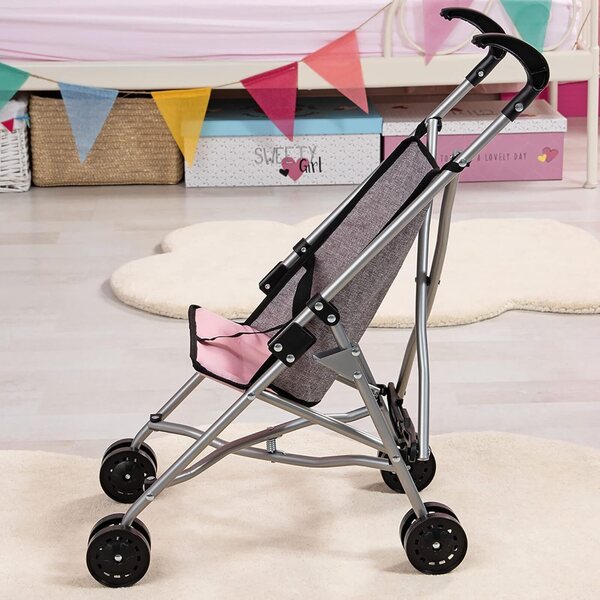 Bambolebuggy Bayer Design rosa-grigio pieghevole con doppie ruote e cintura di sicurezza
