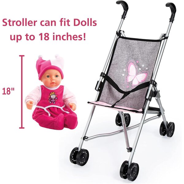 Bambolebuggy Bayer Design rosa-grigio pieghevole con doppie ruote e cintura di sicurezza
