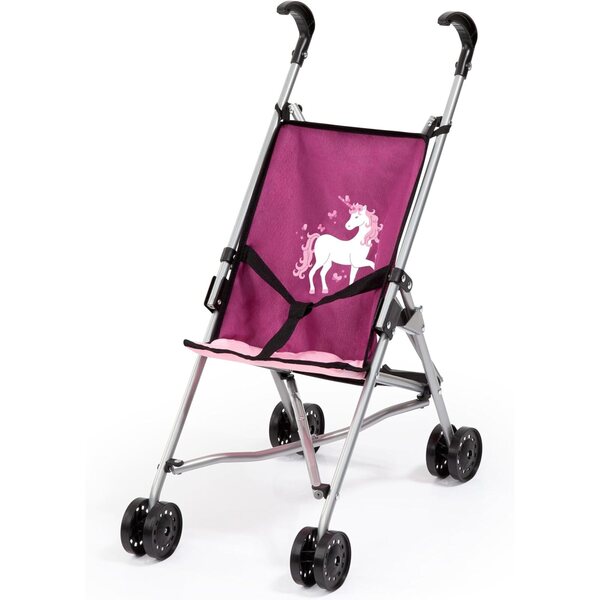 Bambolebuggy rosa pieghevole con Einhorn, doppie ruote e cintura di sicurezza