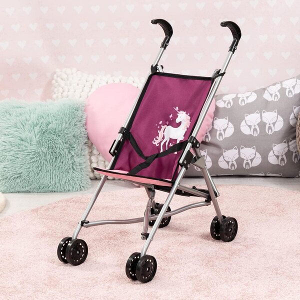 Bambolebuggy rosa pieghevole con Einhorn, doppie ruote e cintura di sicurezza
