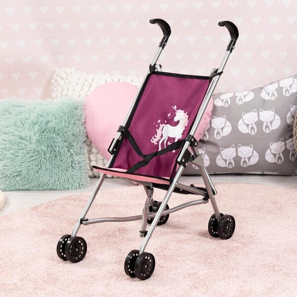 Bambolebuggy rosa pieghevole con Einhorn, doppie ruote e cintura di sicurezza