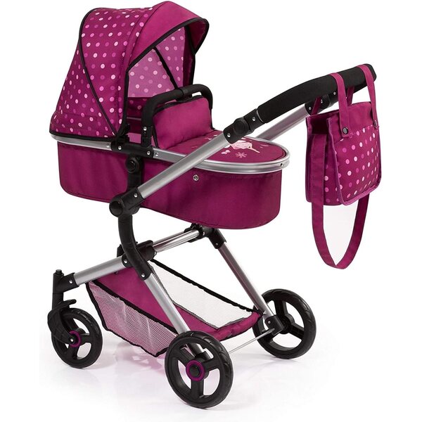 Bayer Design Neo Vario Bambolewagen 52 cm con borsa, cestino e maniglione regolabile rosa bordeaux