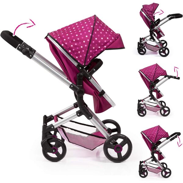 Bayer Design Neo Vario Bambolewagen 52 cm con borsa, cestino e maniglione regolabile rosa bordeaux