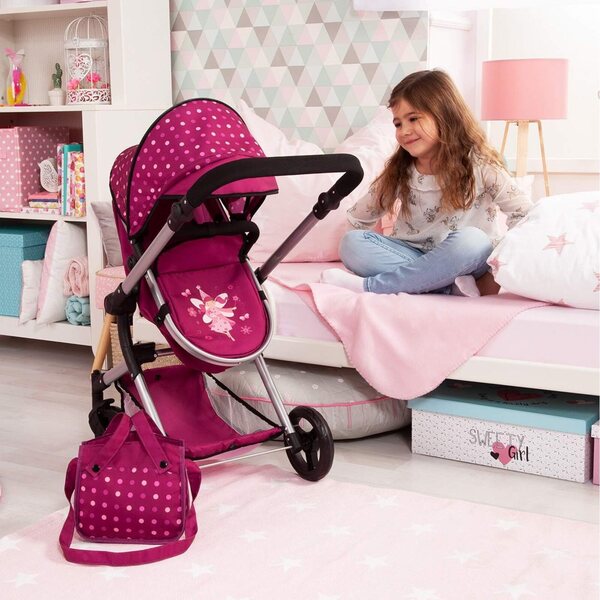 Bayer Design Neo Vario Bambolewagen 52 cm con borsa, cestino e maniglione regolabile rosa bordeaux